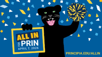 Panther holding pom pom and All In for Prin sign